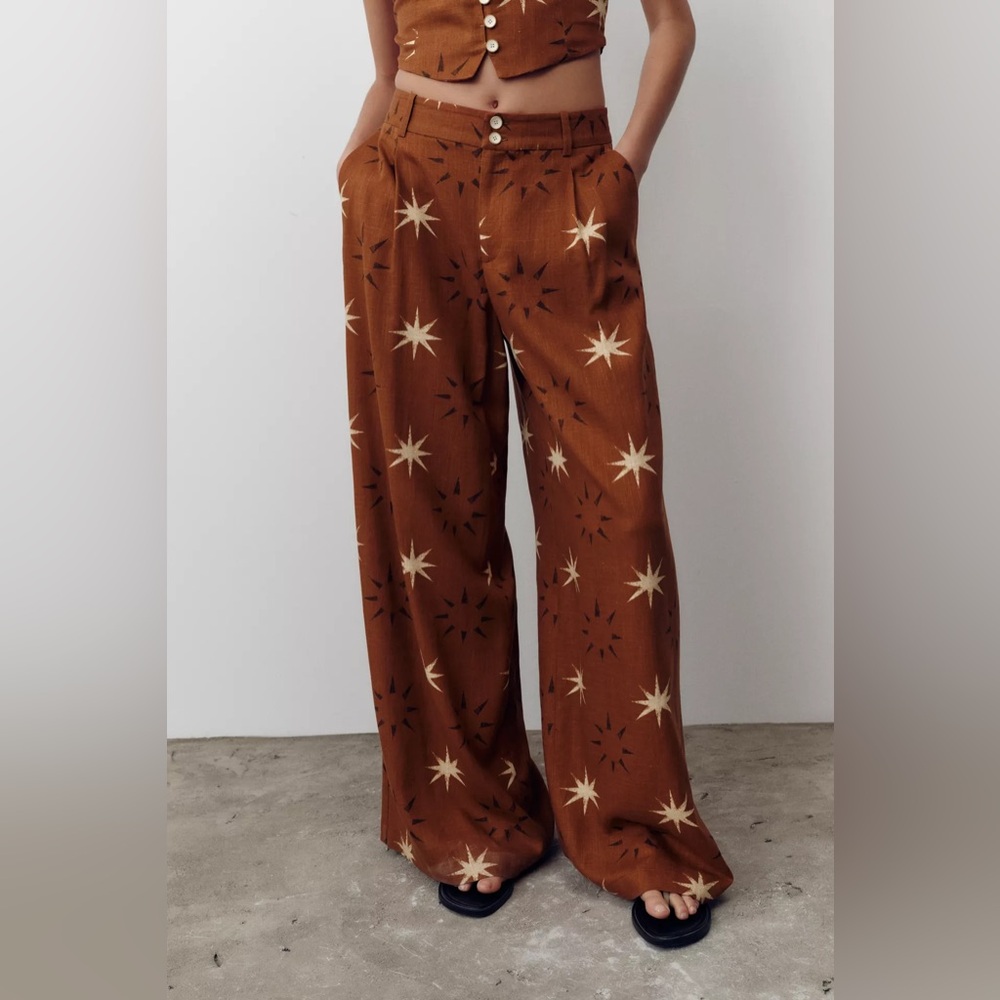 Zara SUN PRINT LINEN WIDE LEG PANTS